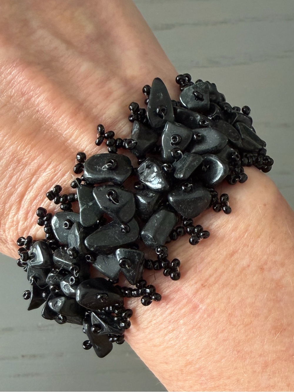 NWOT Black Hematite Seed Bead Bali Wide Cuff Bracelet